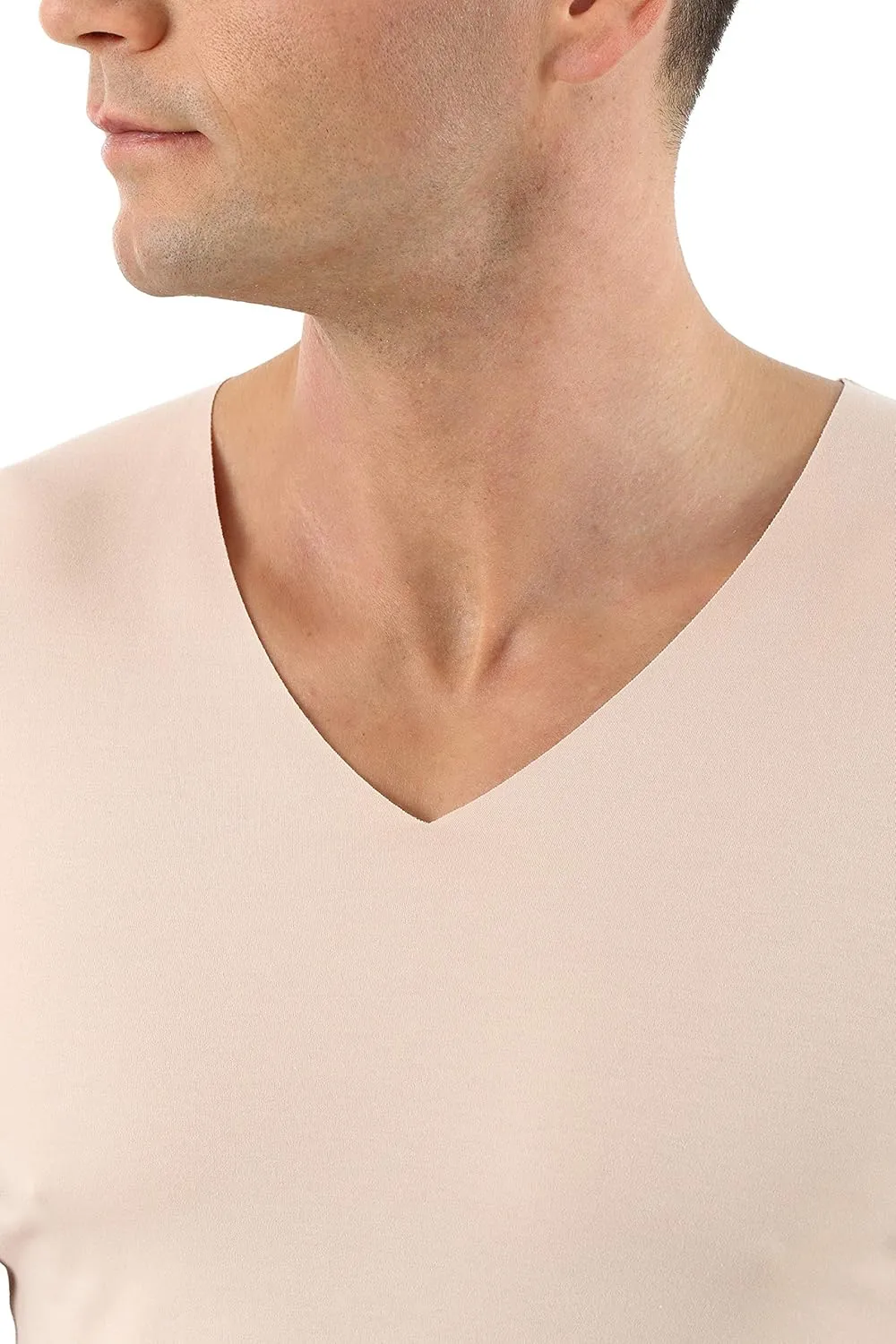 Men's Laser Cut Invisible Seamless v-Neck Undershirt Short Sleeves Stretch Cotton Nude Beige