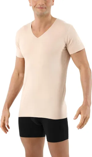 Men's Laser Cut Invisible Seamless v-Neck Undershirt Short Sleeves Stretch Cotton Nude Beige