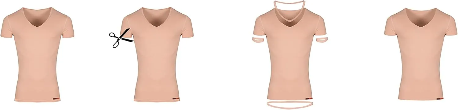 Men's Laser Cut Invisible Seamless v-Neck Undershirt Short Sleeves Stretch Cotton Nude Beige