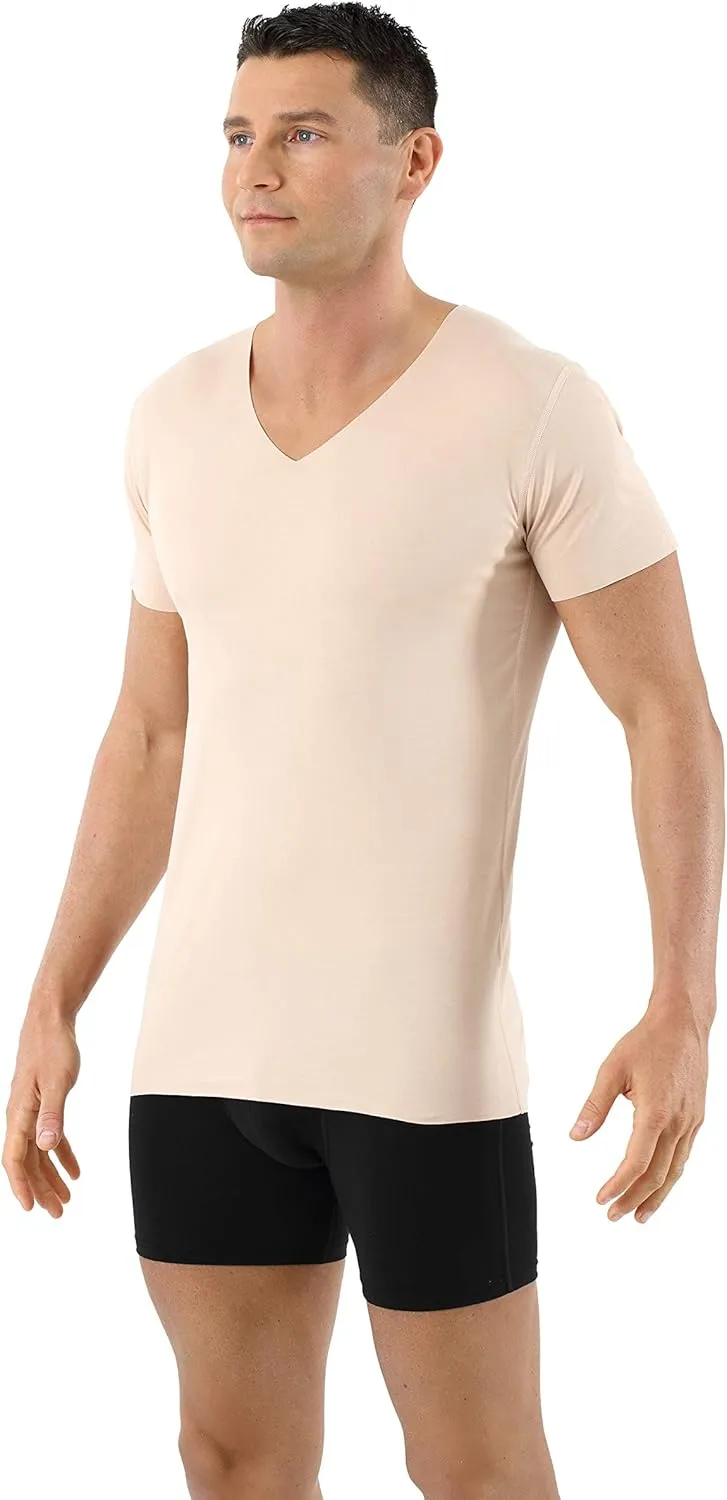 Men's Laser Cut Invisible Seamless v-Neck Undershirt Short Sleeves Stretch Cotton Nude Beige