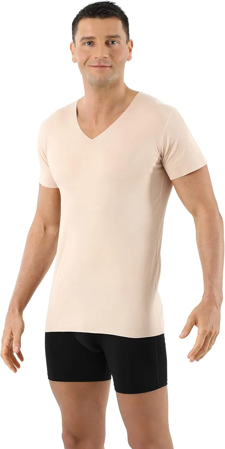Men's Laser Cut Invisible Seamless v-Neck Undershirt Short Sleeves Stretch Cotton Nude Beige