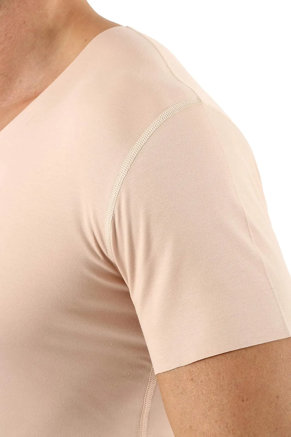 Men's Laser Cut Invisible Seamless v-Neck Undershirt Short Sleeves Stretch Cotton Nude Beige