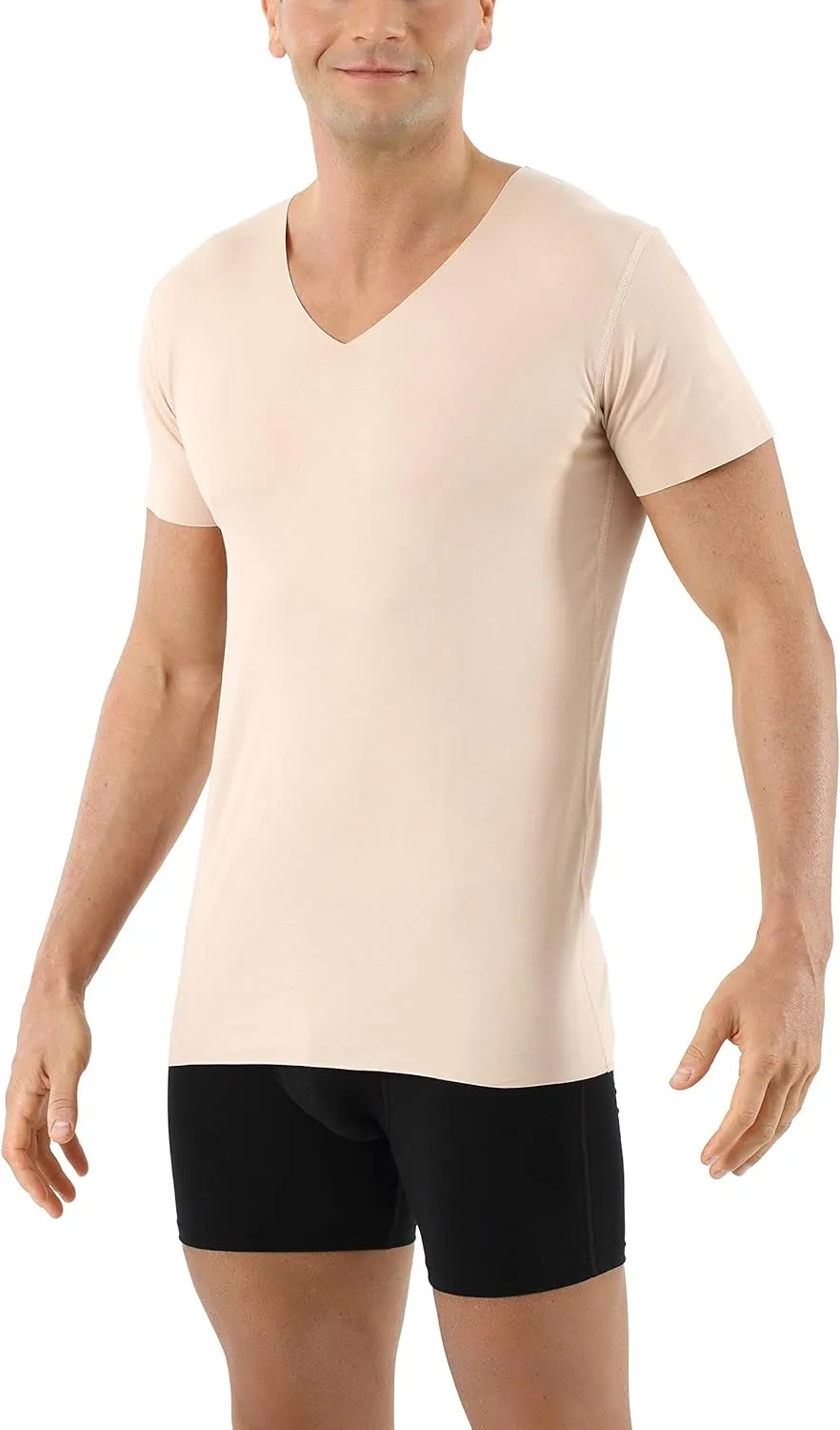 Men's Laser Cut Invisible Seamless v-Neck Undershirt Short Sleeves Stretch Cotton Nude Beige