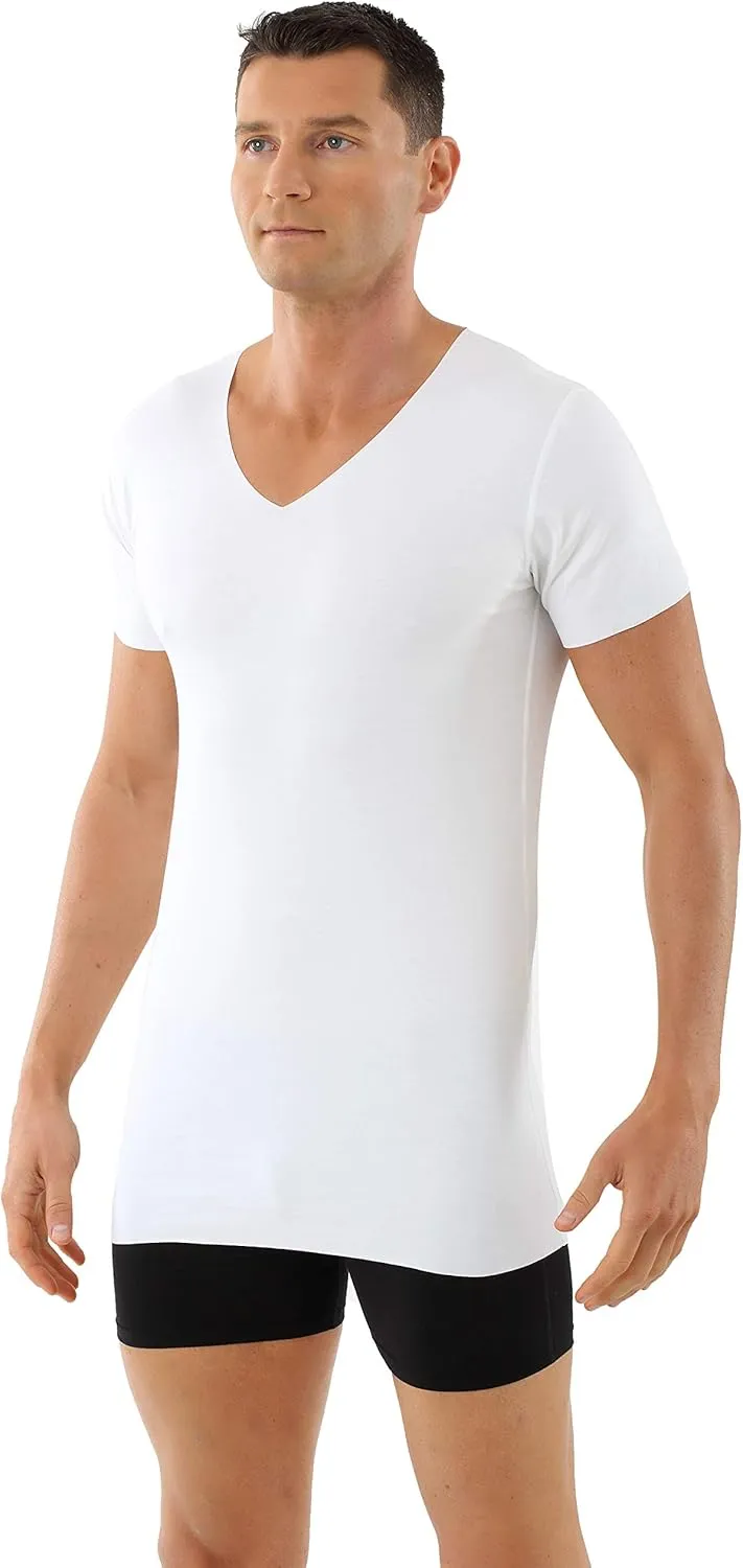 Men's Laser Cut Seamless v-Neck Undershirt Short Sleeves Stretch Cotton White