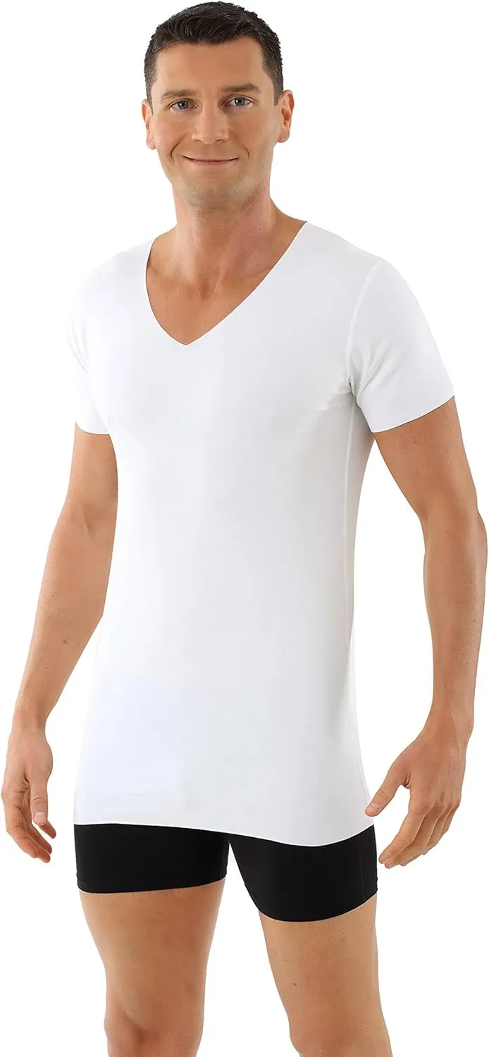 Men's Laser Cut Seamless v-Neck Undershirt Short Sleeves Stretch Cotton White