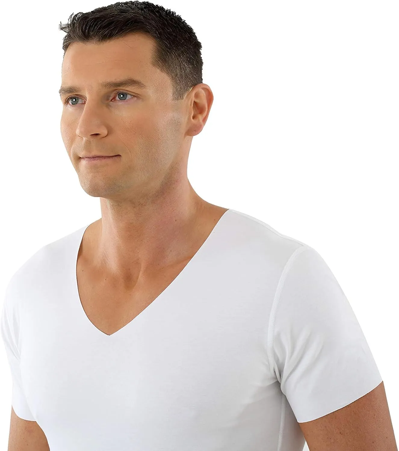 Men's Laser Cut Seamless v-Neck Undershirt Short Sleeves Stretch Cotton White
