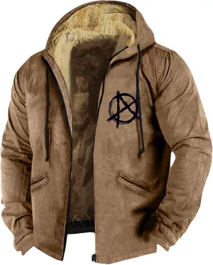 Men's Solid Color Flag Print Fleece Jacket Winter Casual Trend Zipper Hooded Coat Heavy Work Warm Outerwear