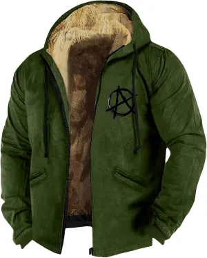 Men's Solid Color Flag Print Fleece Jacket Winter Casual Trend Zipper Hooded Coat Heavy Work Warm Outerwear