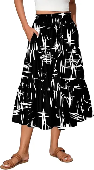 Midi Boho Floral Skirts for Women Trendy Tiered Comfy Flowy A Line Skirt Drawstring High Elastic Waist Skorts with Pockets