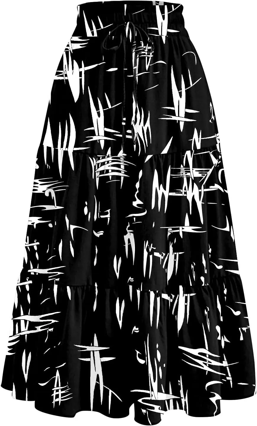 Midi Boho Floral Skirts for Women Trendy Tiered Comfy Flowy A Line Skirt Drawstring High Elastic Waist Skorts with Pockets
