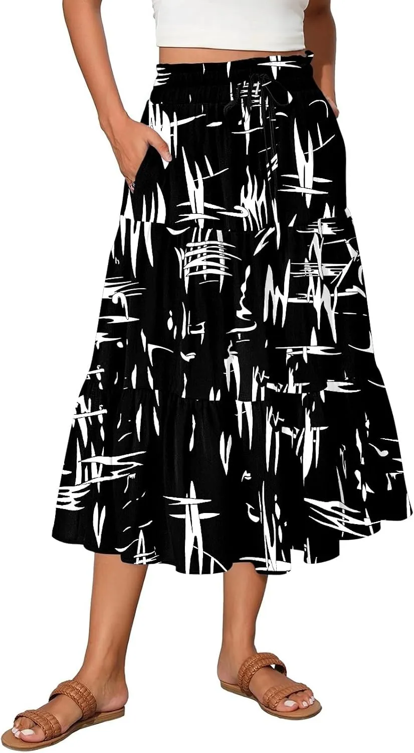 Midi Boho Floral Skirts for Women Trendy Tiered Comfy Flowy A Line Skirt Drawstring High Elastic Waist Skorts with Pockets