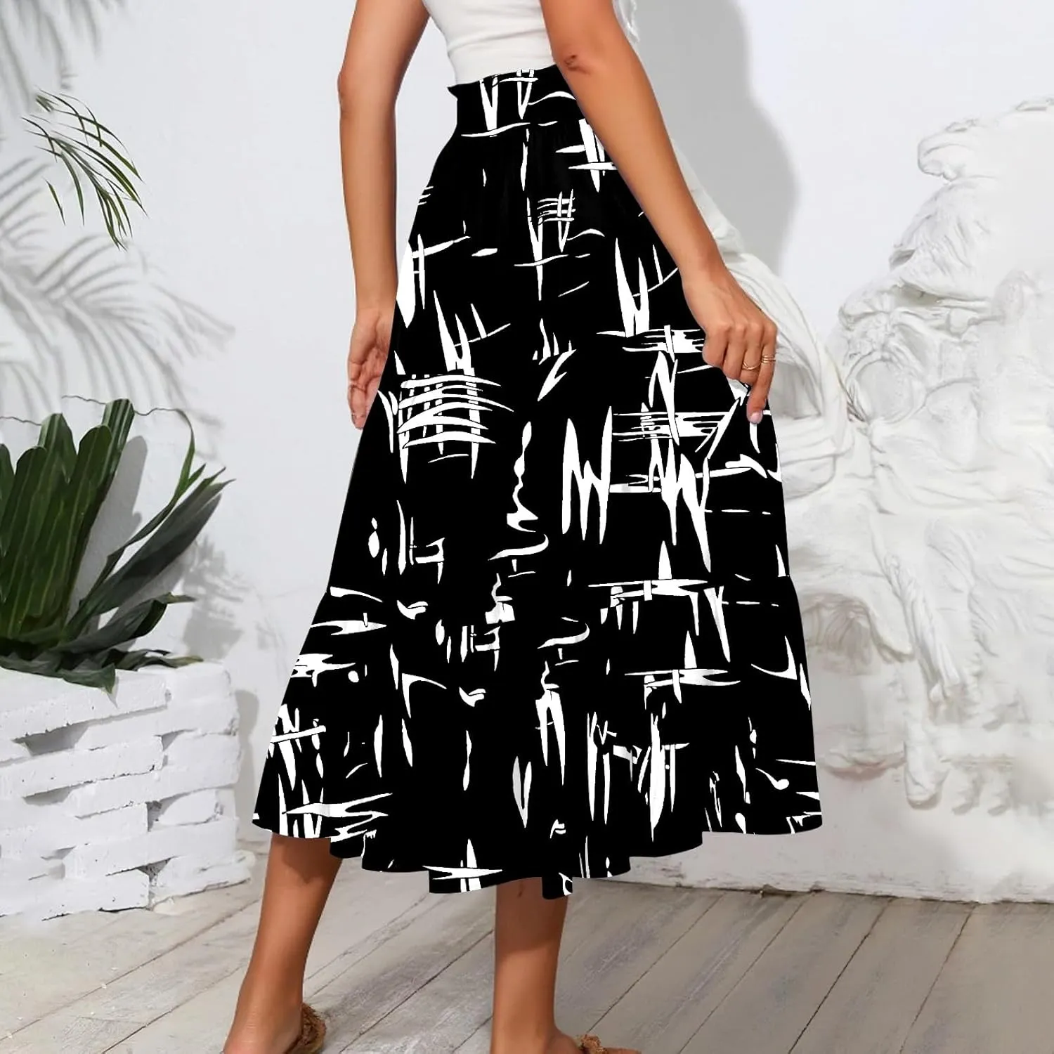 Midi Boho Floral Skirts for Women Trendy Tiered Comfy Flowy A Line Skirt Drawstring High Elastic Waist Skorts with Pockets