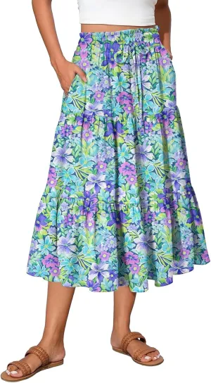 Midi Skirts for Women 2025 Boho Floral Skirts Tiered Ruffle Skirt Flowy A Line High Elastic Waisted Skorts with Pockets