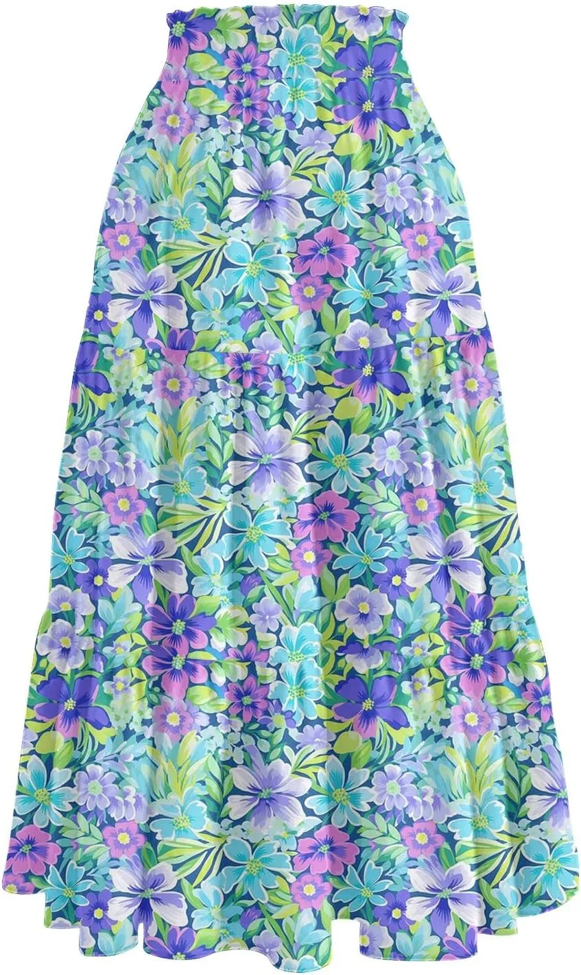 Midi Skirts for Women 2025 Boho Floral Skirts Tiered Ruffle Skirt Flowy A Line High Elastic Waisted Skorts with Pockets