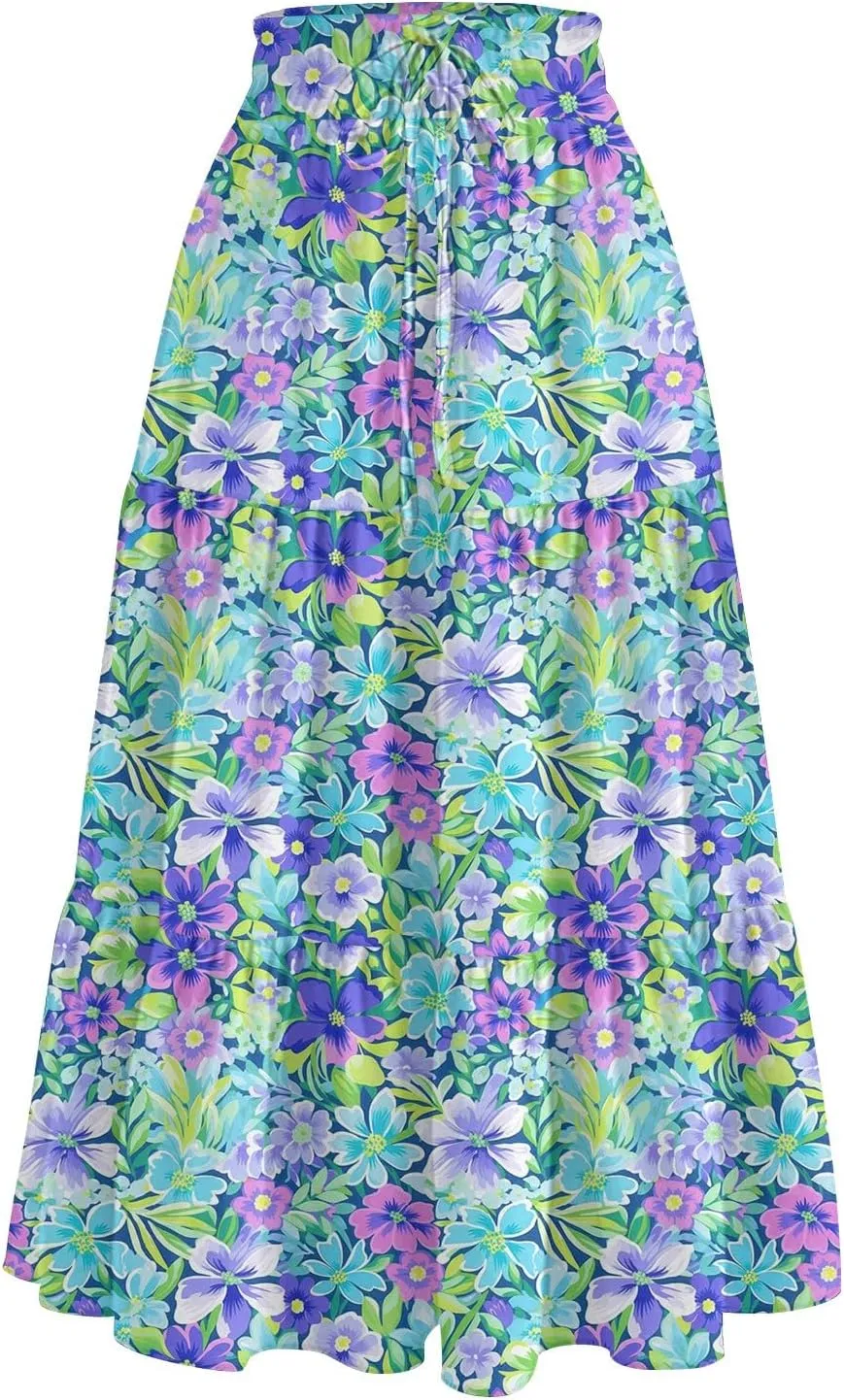 Midi Skirts for Women 2025 Boho Floral Skirts Tiered Ruffle Skirt Flowy A Line High Elastic Waisted Skorts with Pockets