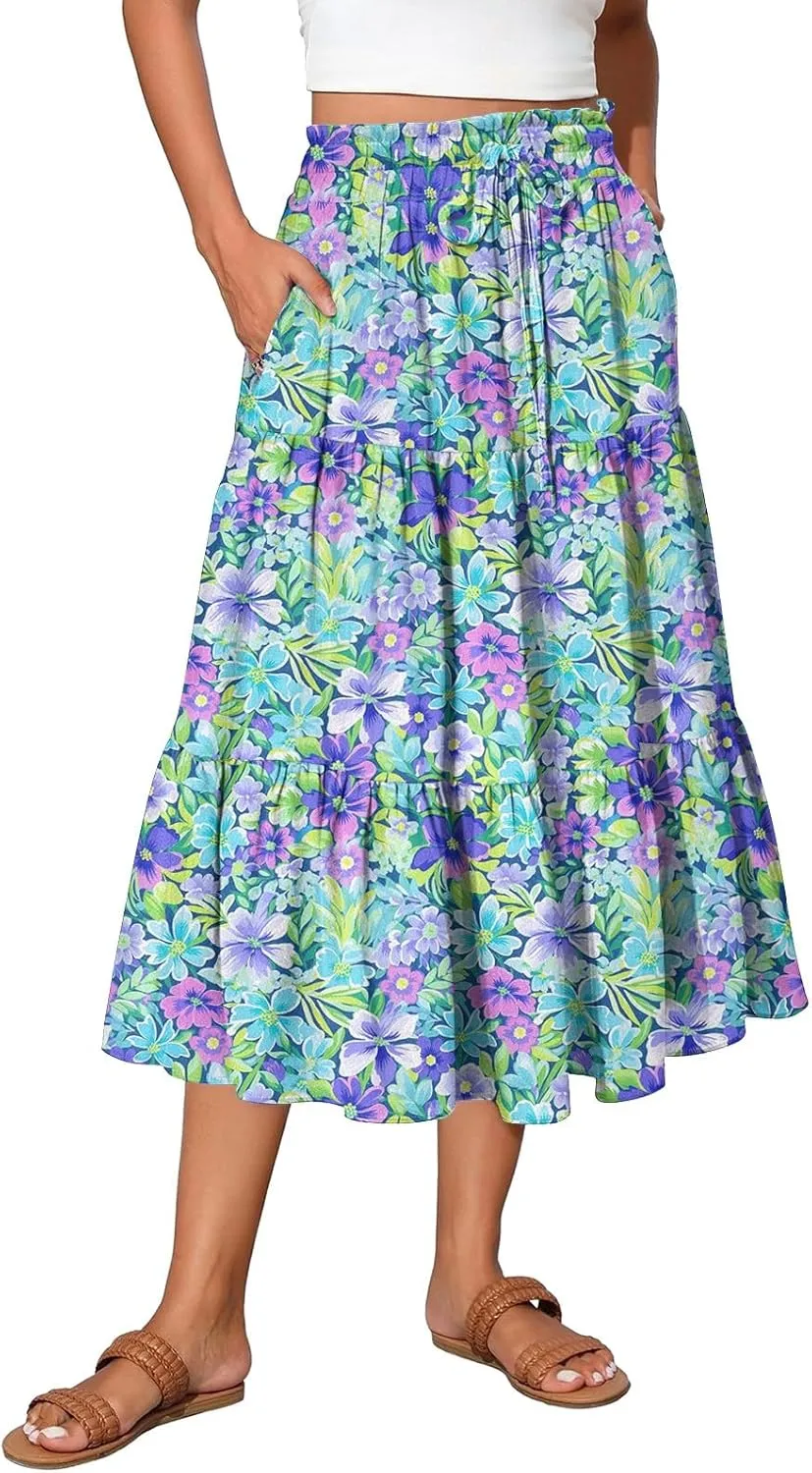 Midi Skirts for Women 2025 Boho Floral Skirts Tiered Ruffle Skirt Flowy A Line High Elastic Waisted Skorts with Pockets