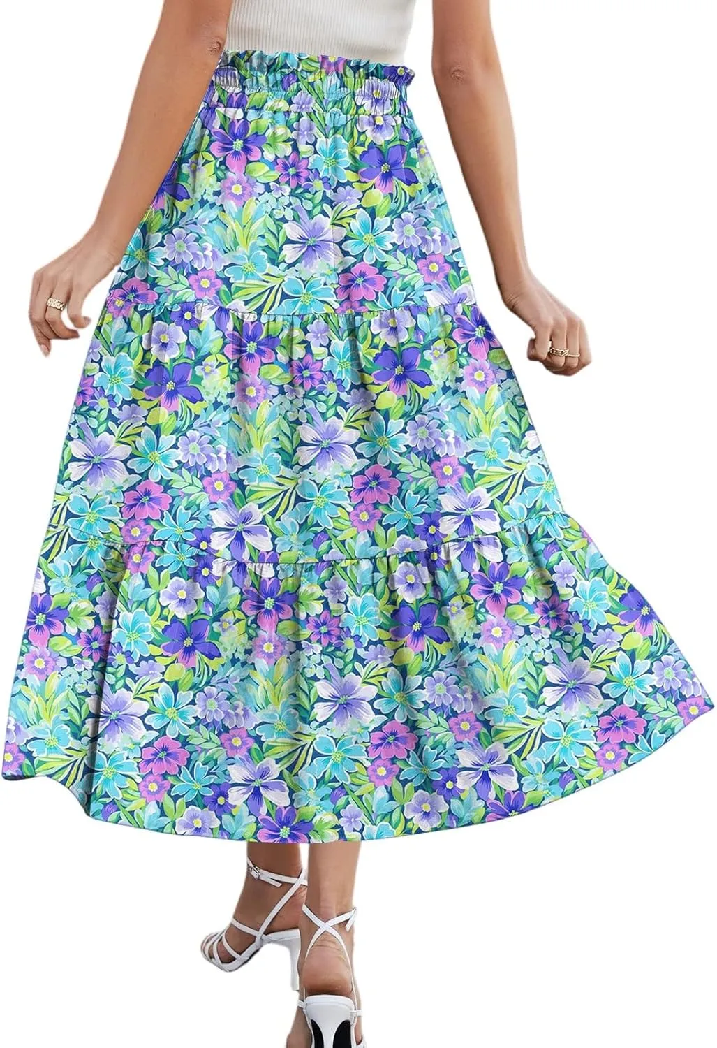 Midi Skirts for Women 2025 Boho Floral Skirts Tiered Ruffle Skirt Flowy A Line High Elastic Waisted Skorts with Pockets