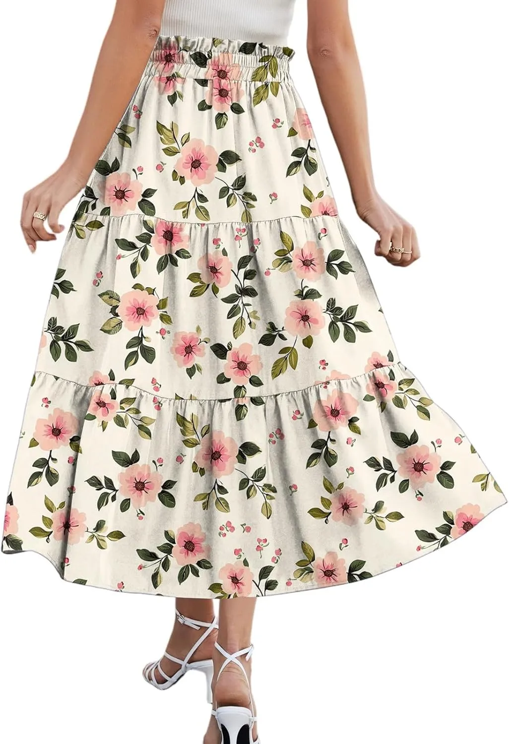 Midi Skirts for Women 2025 Boho Floral Skirts Tiered Ruffle Skirt Flowy High Elastic Waisted A Line Skorts with Pockets