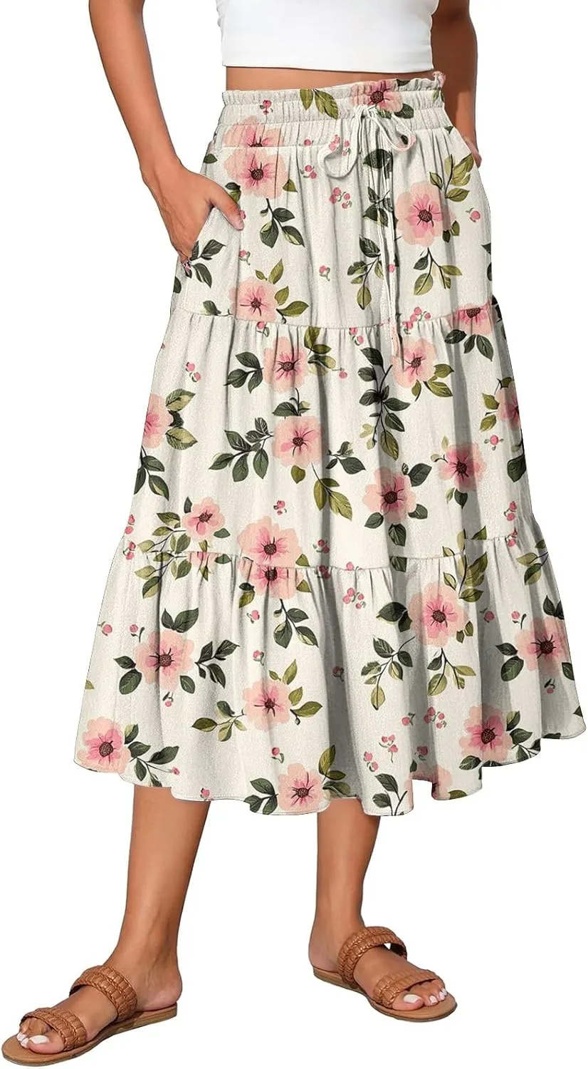 Midi Skirts for Women 2025 Boho Floral Skirts Tiered Ruffle Skirt Flowy High Elastic Waisted A Line Skorts with Pockets
