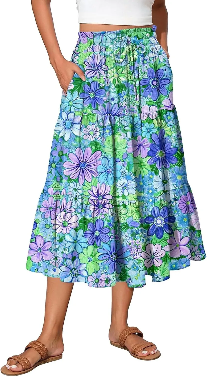 Midi Skirts for Women 2025 Boho Floral Skirts Tiered Ruffle Skirt Flowy High Elastic Waisted A Line Skorts with Pockets