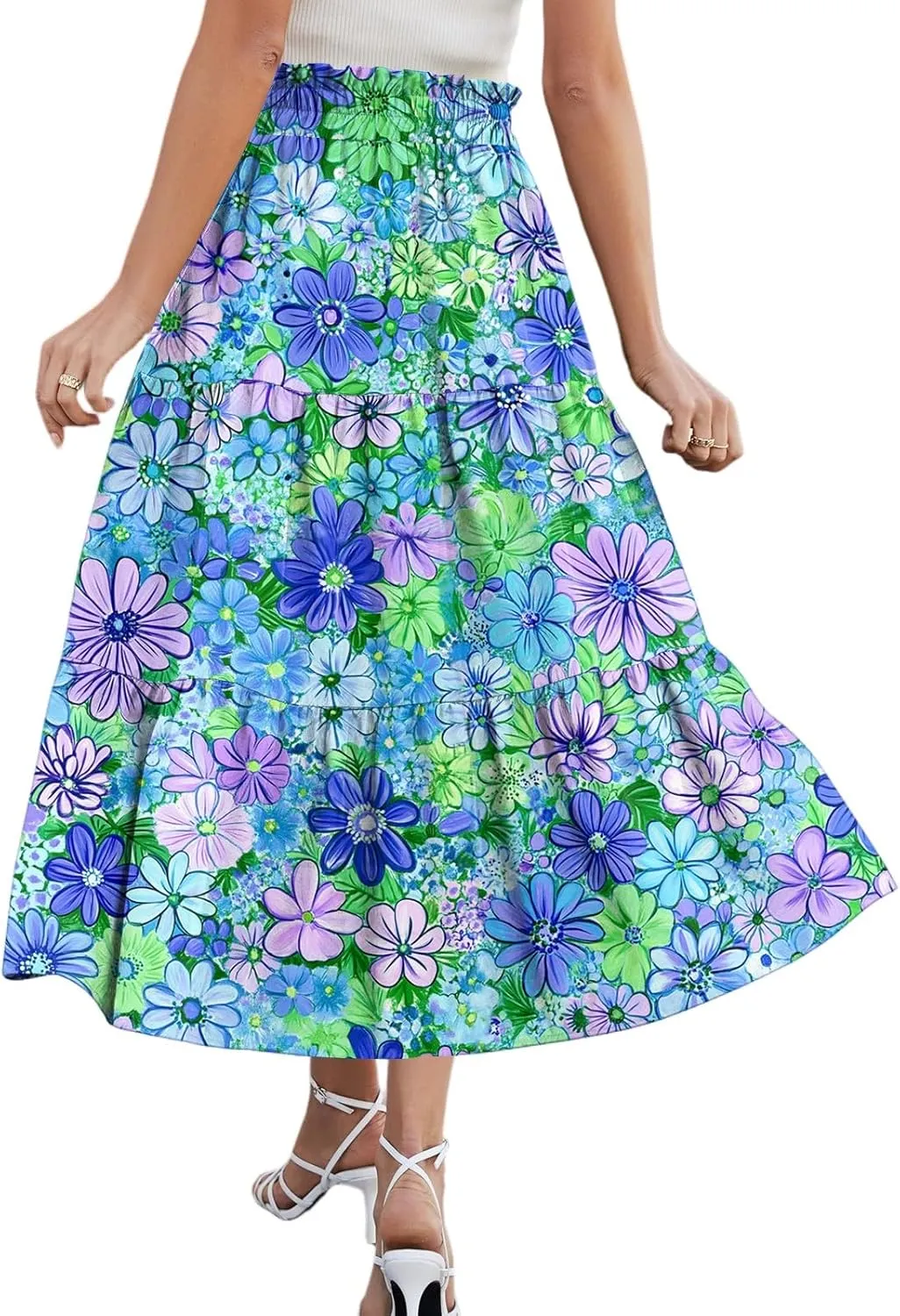 Midi Skirts for Women 2025 Boho Floral Skirts Tiered Ruffle Skirt Flowy High Elastic Waisted A Line Skorts with Pockets