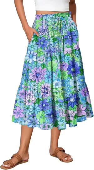 Midi Skirts for Women 2025 Boho Floral Skirts Tiered Ruffle Skirt Flowy High Elastic Waisted A Line Skorts with Pockets