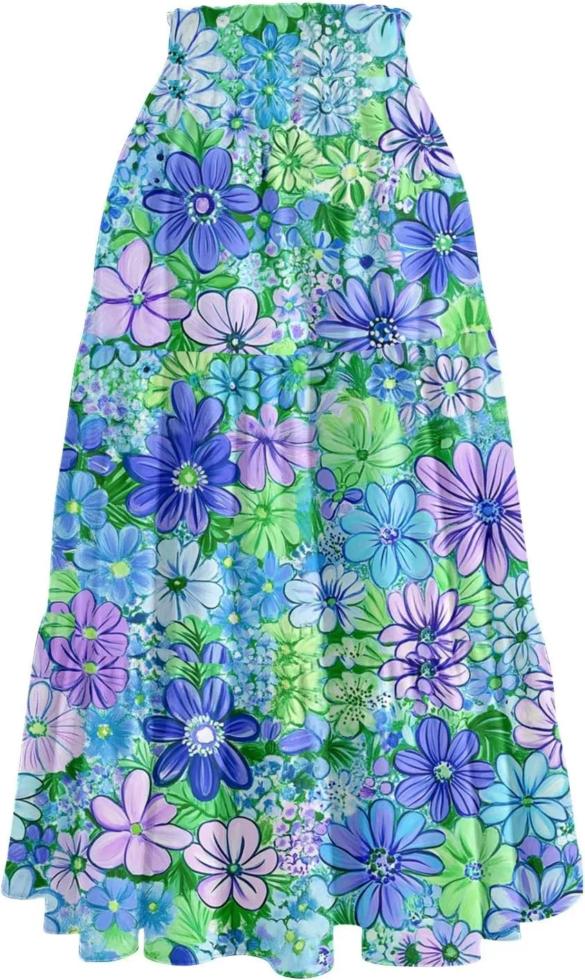 Midi Skirts for Women 2025 Boho Floral Skirts Tiered Ruffle Skirt Flowy High Elastic Waisted A Line Skorts with Pockets