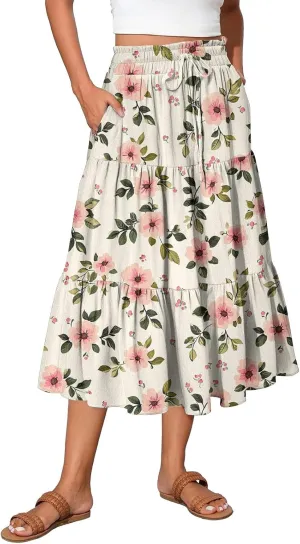 Midi Skirts for Women 2025 Boho Floral Skirts Tiered Ruffle Skirt Flowy High Elastic Waisted A Line Skorts with Pockets