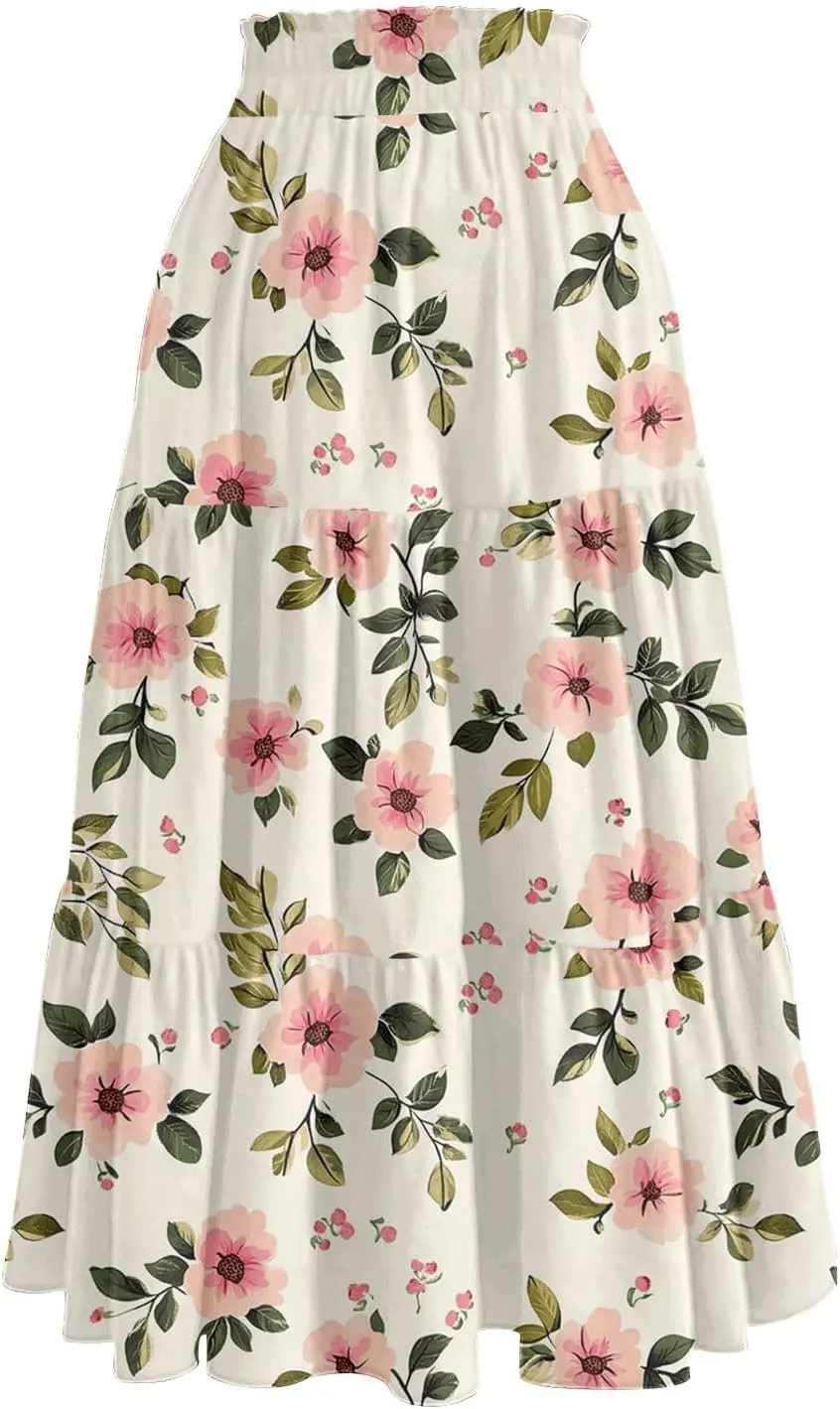 Midi Skirts for Women 2025 Boho Floral Skirts Tiered Ruffle Skirt Flowy High Elastic Waisted A Line Skorts with Pockets
