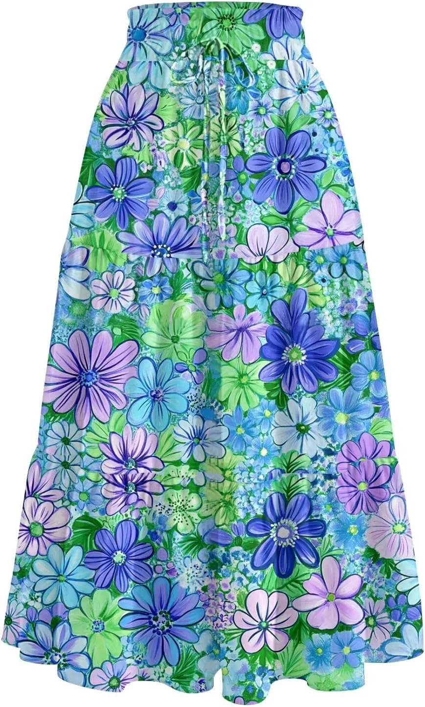Midi Skirts for Women 2025 Boho Floral Skirts Tiered Ruffle Skirt Flowy High Elastic Waisted A Line Skorts with Pockets