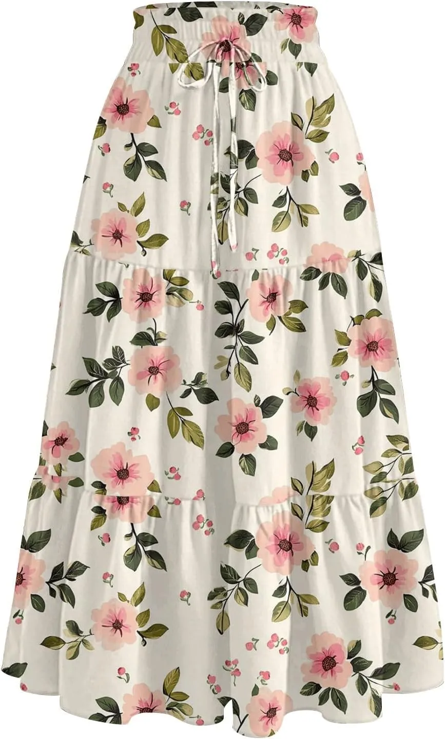 Midi Skirts for Women 2025 Boho Floral Skirts Tiered Ruffle Skirt Flowy High Elastic Waisted A Line Skorts with Pockets