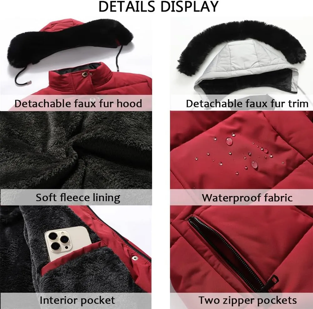 MOERDENG Women's Winter Puffer Coat Thicken Fleece Lined Down Jacket Waterproof Faux Fur Detachable Hooded Parka