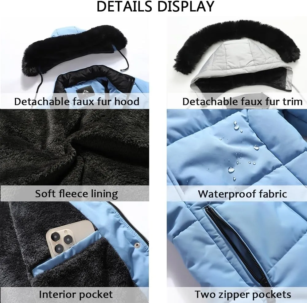 MOERDENG Women's Winter Puffer Coat Thicken Fleece Lined Down Jacket Waterproof Faux Fur Detachable Hooded Parka