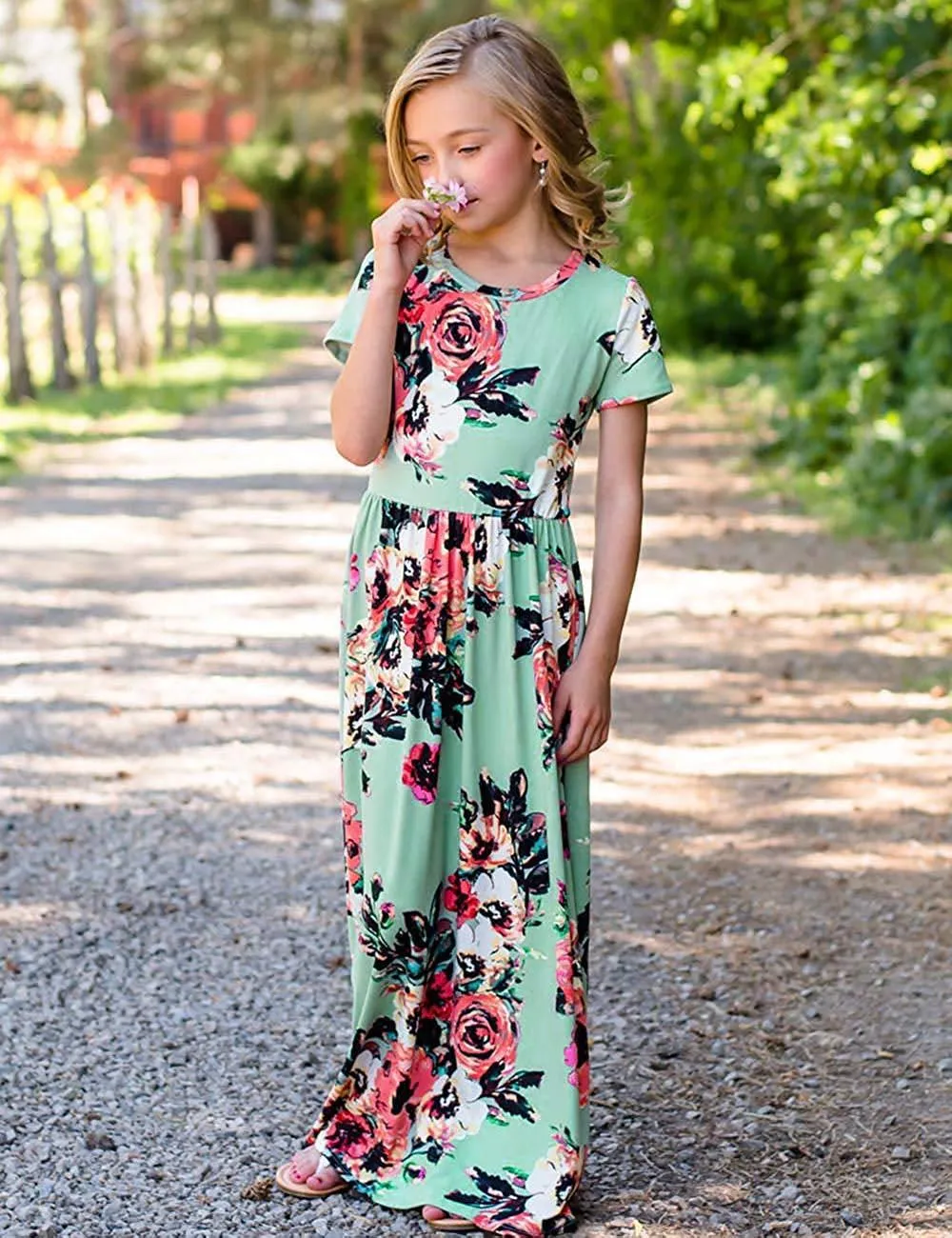 Mom and Me Floral Pattern Prints Short Sleeve Matching Dresses