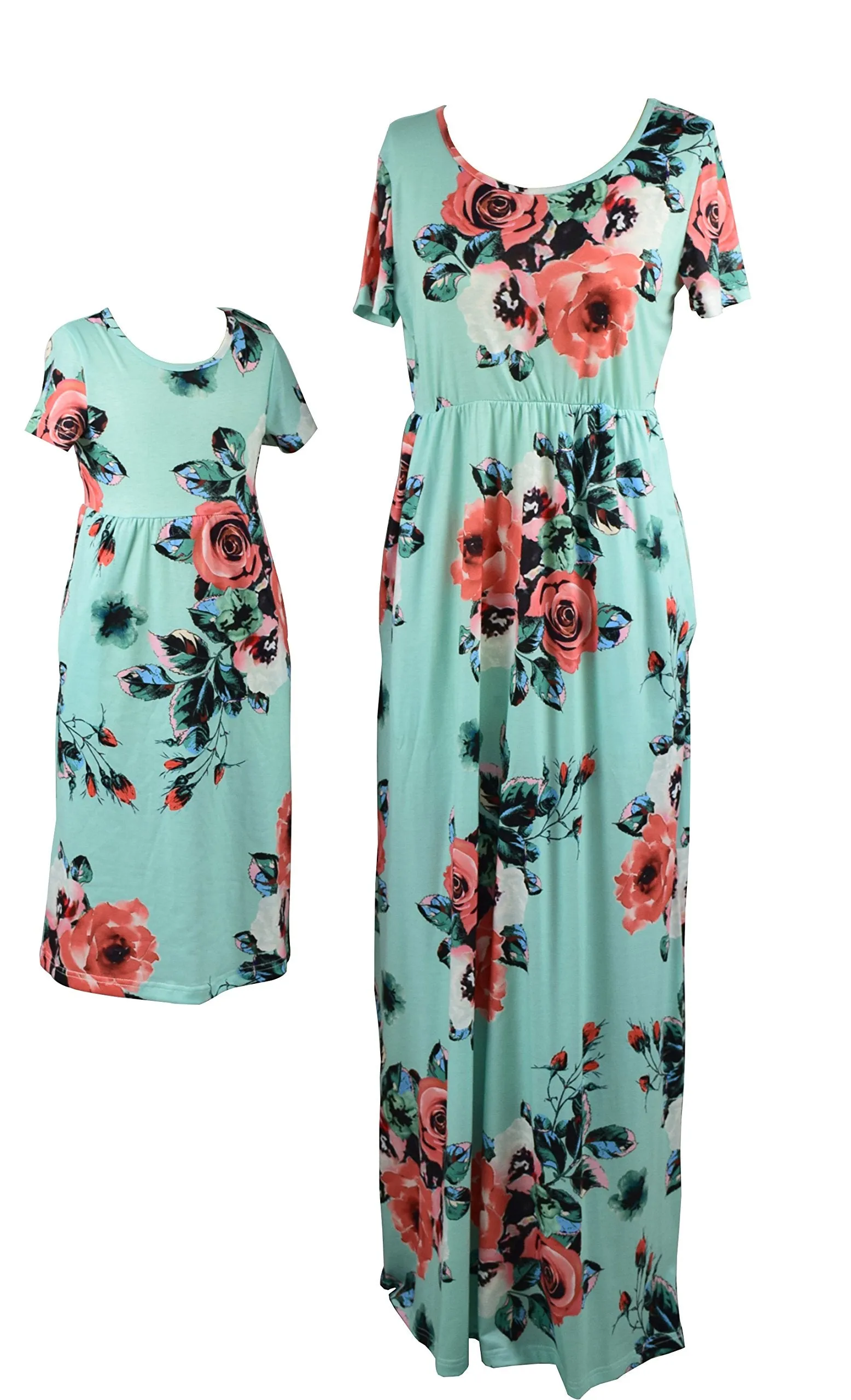 Mom and Me Floral Pattern Prints Short Sleeve Matching Dresses