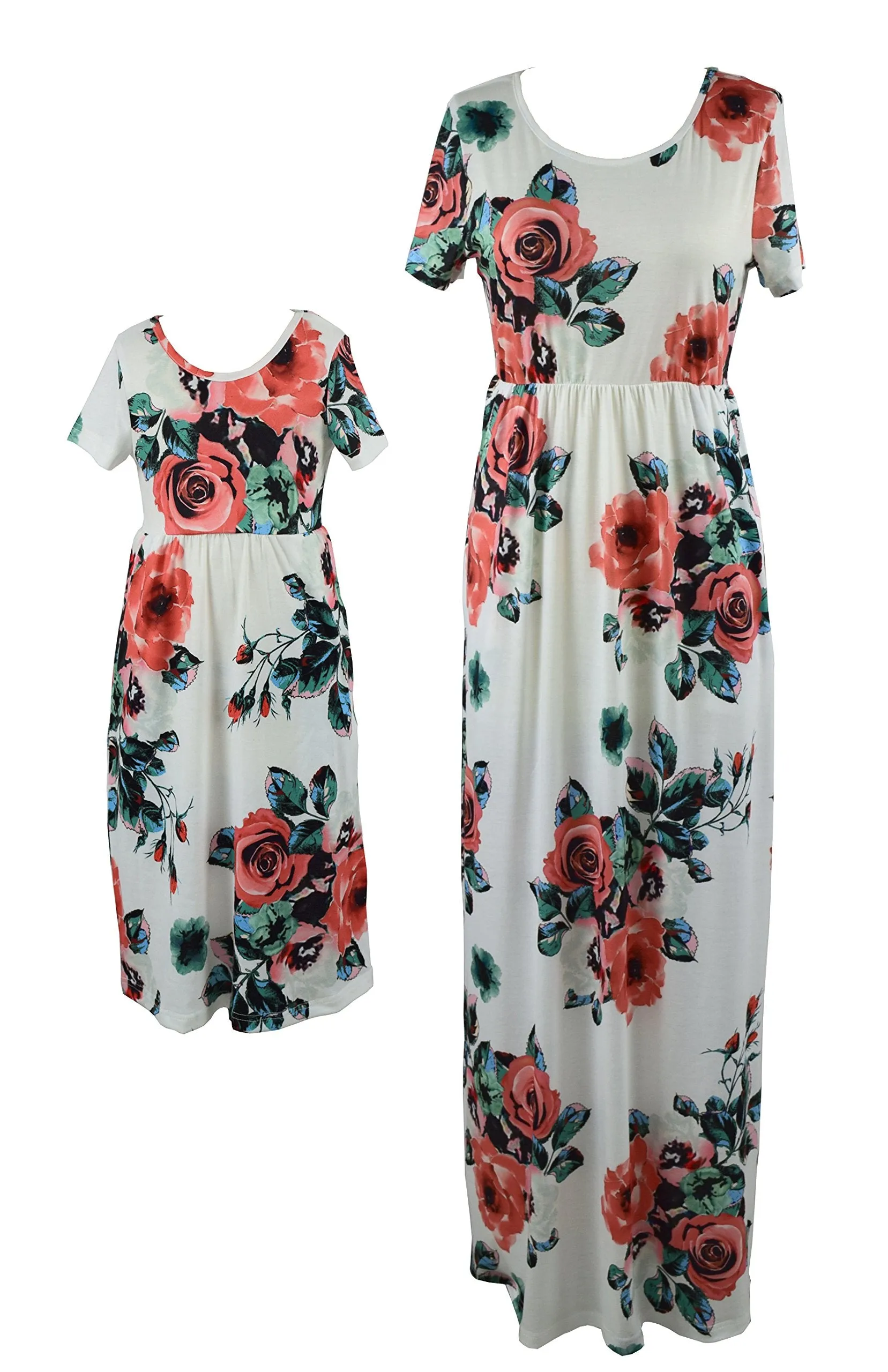Mom and Me Floral Pattern Prints Short Sleeve Matching Dresses