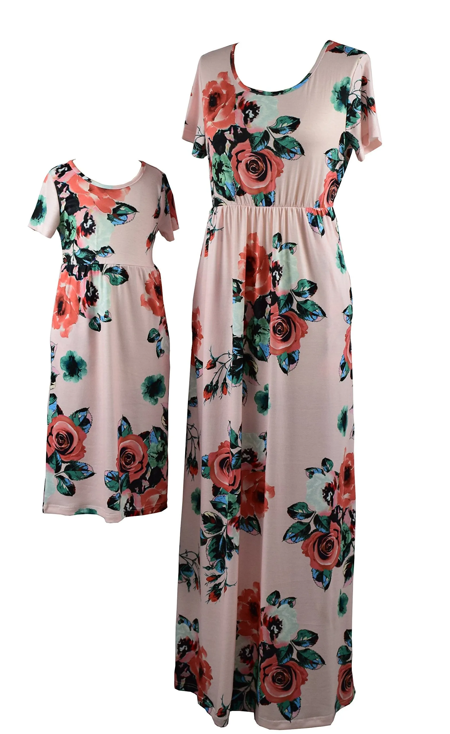 Mom and Me Floral Pattern Prints Short Sleeve Matching Dresses