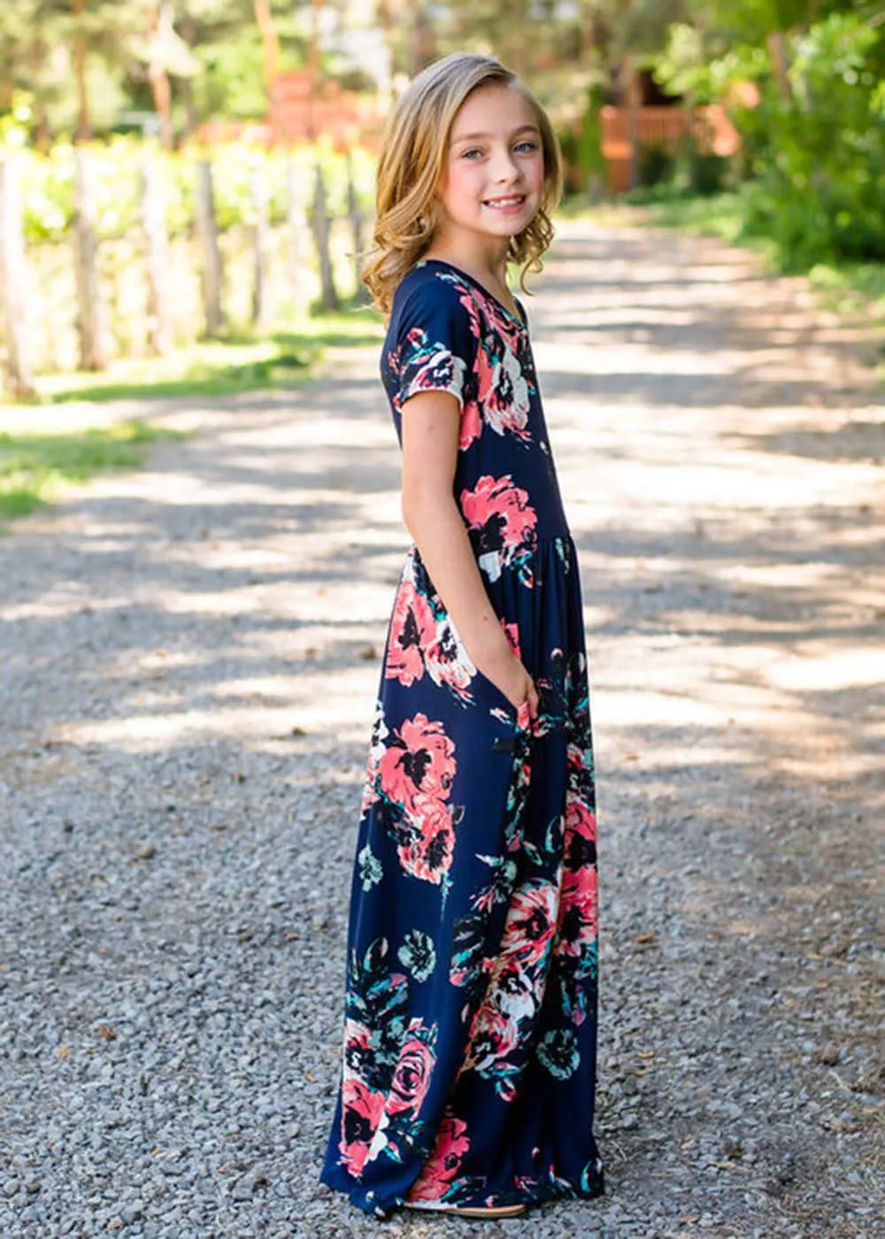 Mom and Me Floral Pattern Prints Short Sleeve Matching Dresses