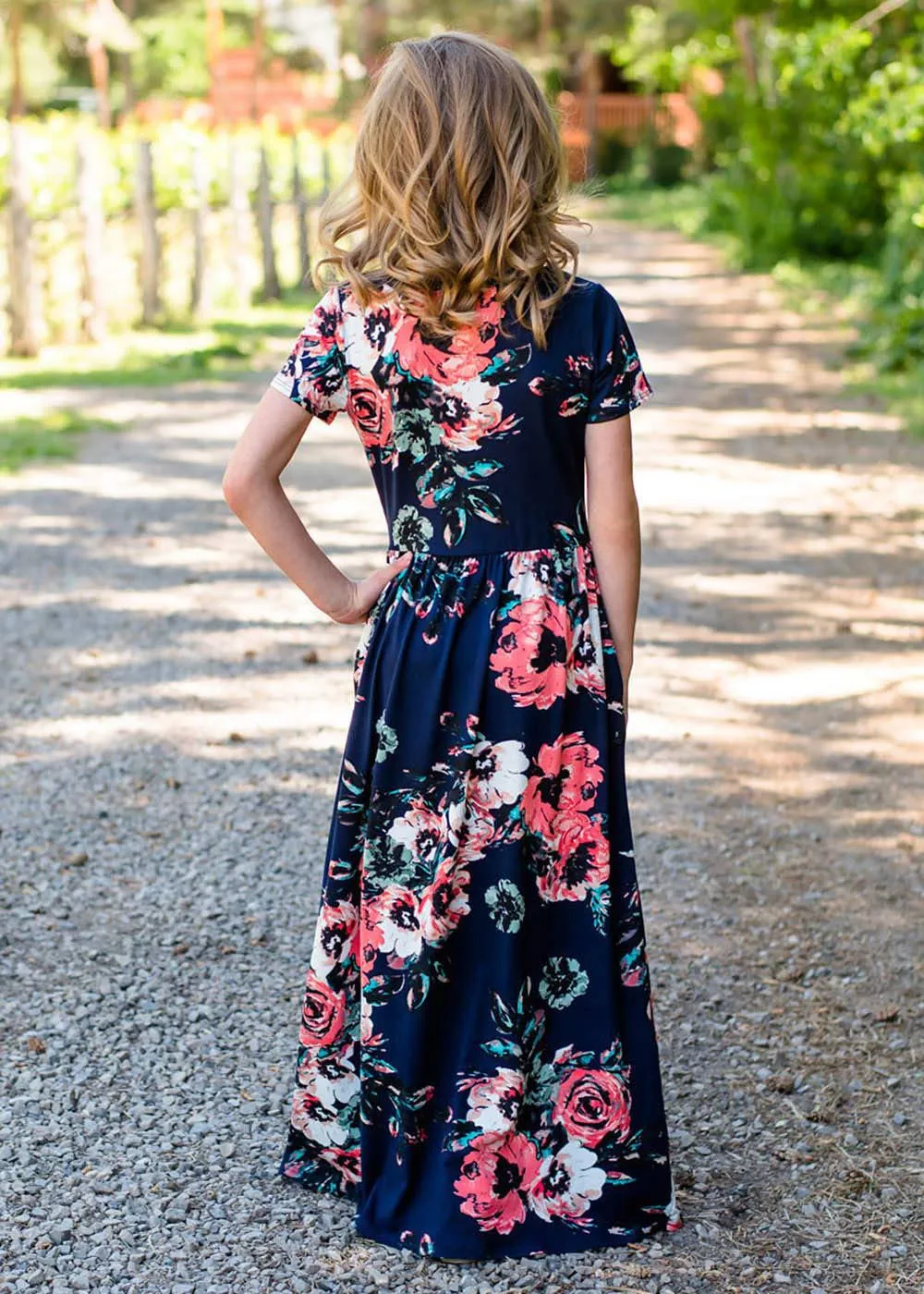 Mom and Me Floral Pattern Prints Short Sleeve Matching Dresses