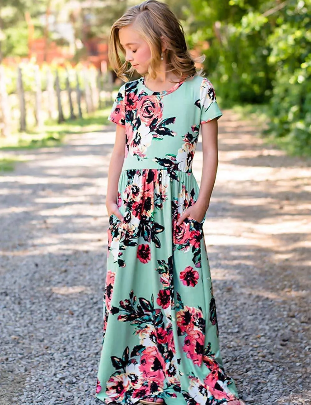 Mom and Me Floral Pattern Prints Short Sleeve Matching Dresses