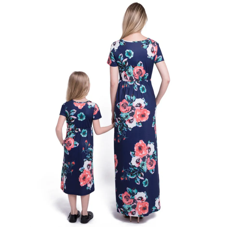Mom and Me Floral Pattern Prints Short Sleeve Matching Dresses