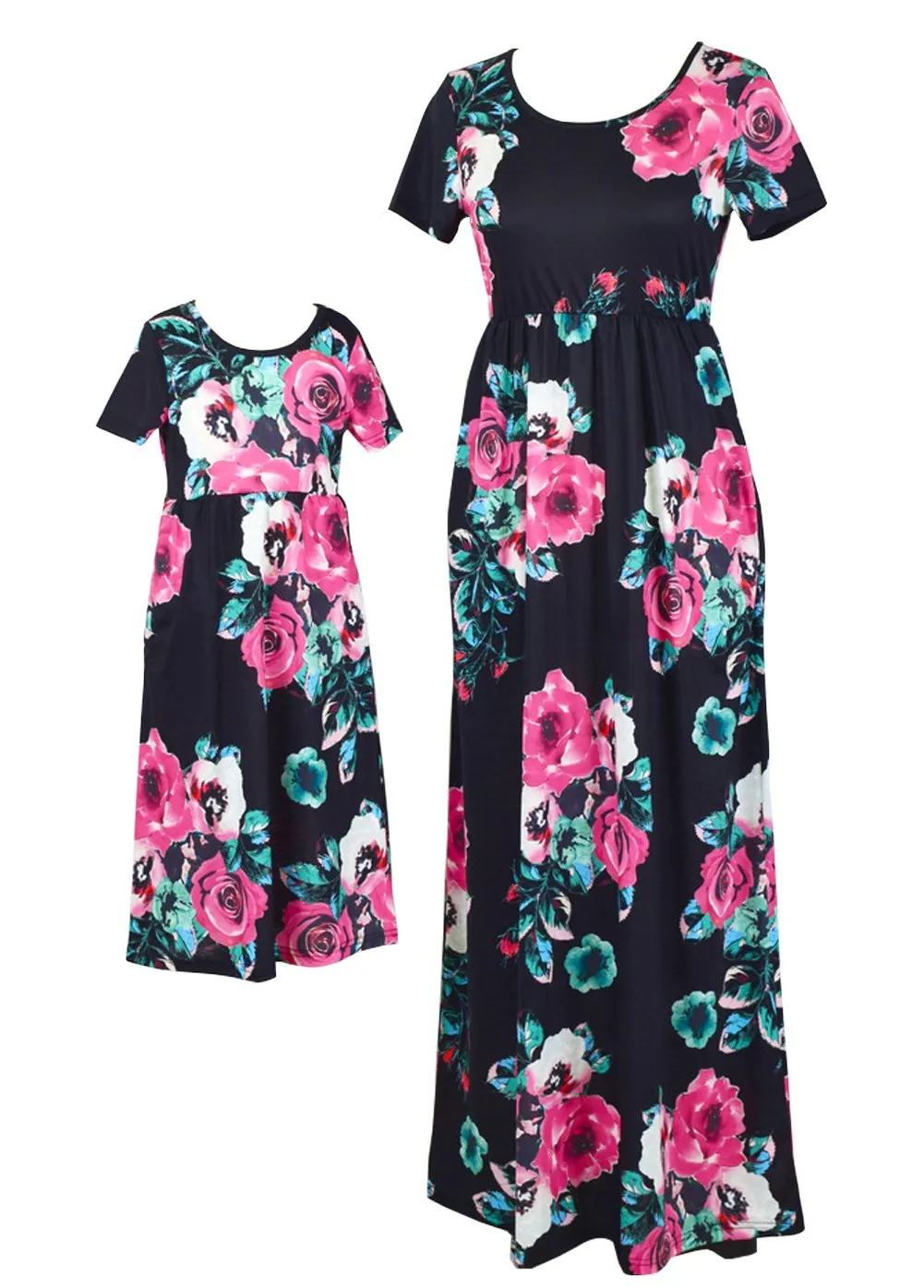 Mom and Me Floral Pattern Prints Short Sleeve Matching Dresses