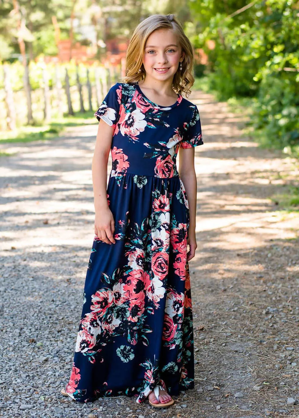 Mom and Me Floral Pattern Prints Short Sleeve Matching Dresses