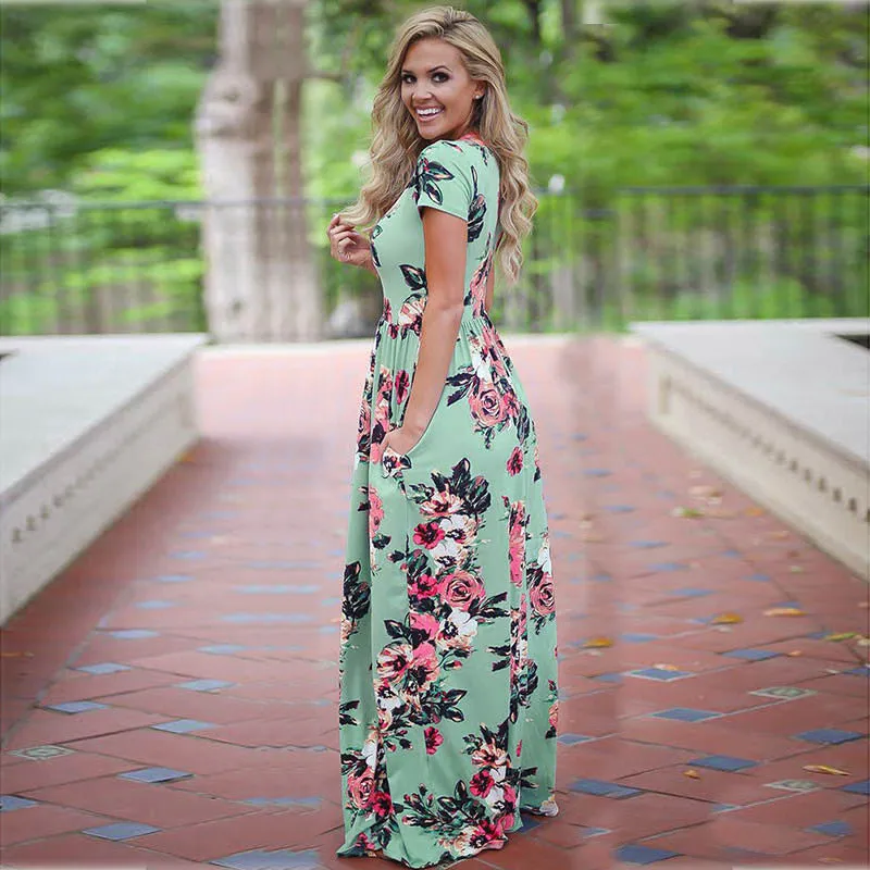 Mom and Me Floral Pattern Prints Short Sleeve Matching Dresses