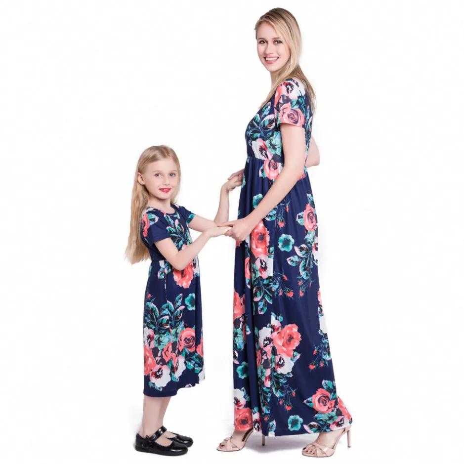 Mom and Me Floral Pattern Prints Short Sleeve Matching Dresses