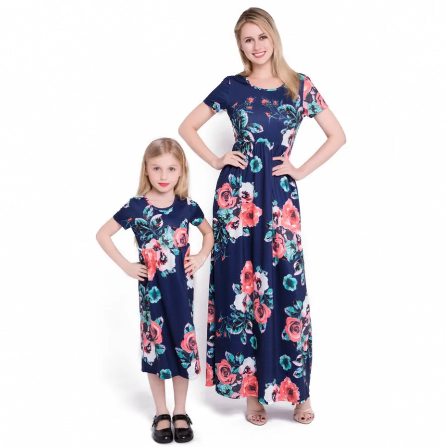 Mom and Me Floral Pattern Prints Short Sleeve Matching Dresses
