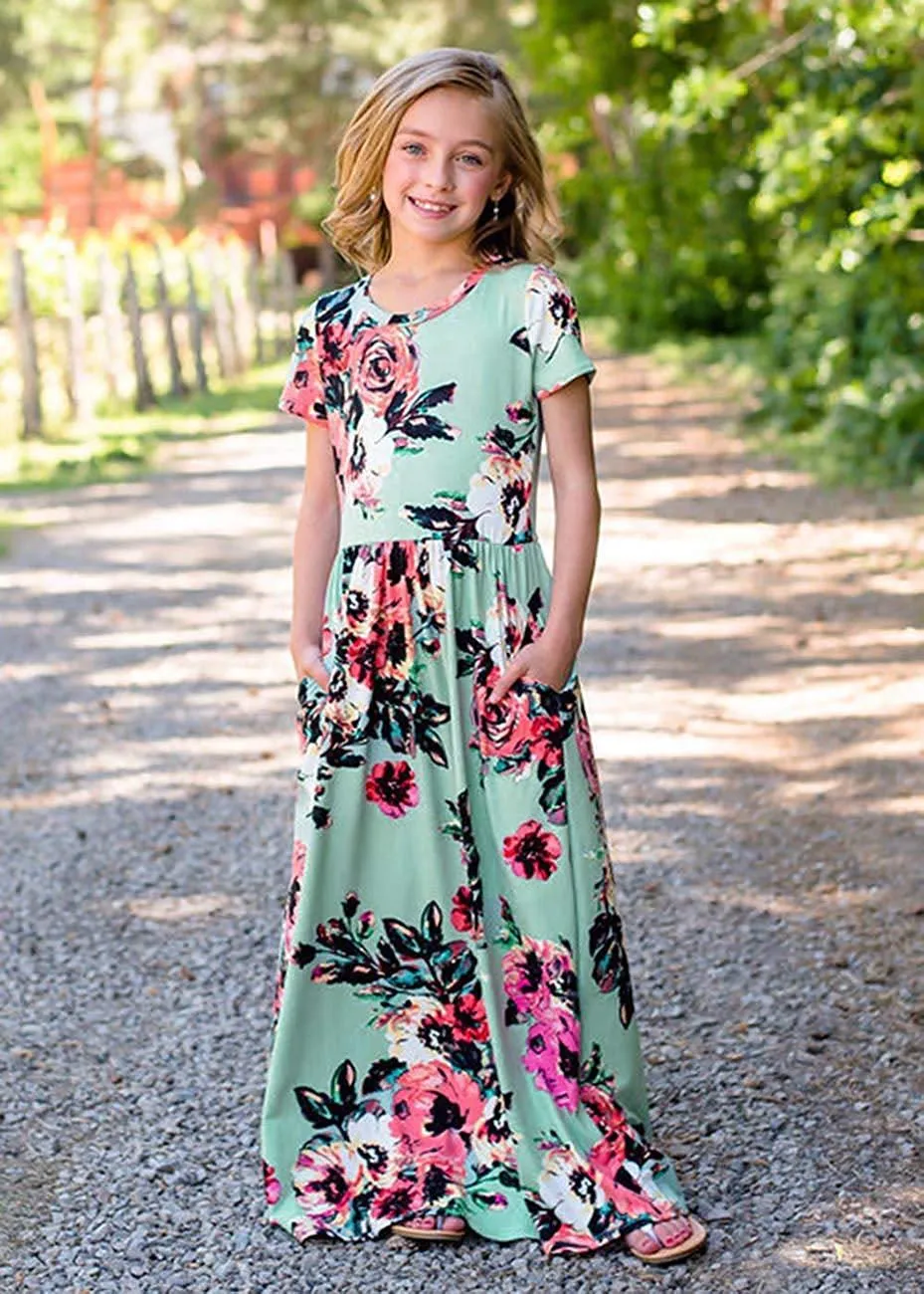 Mom and Me Floral Pattern Prints Short Sleeve Matching Dresses