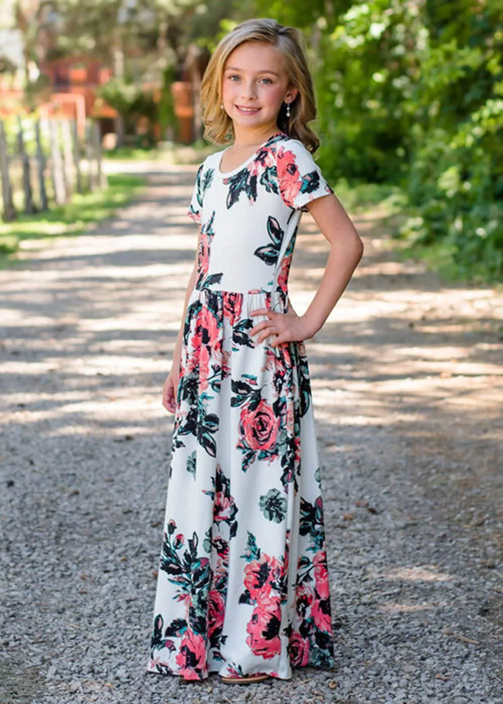 Mom and Me Floral Pattern Prints Short Sleeve Matching Dresses
