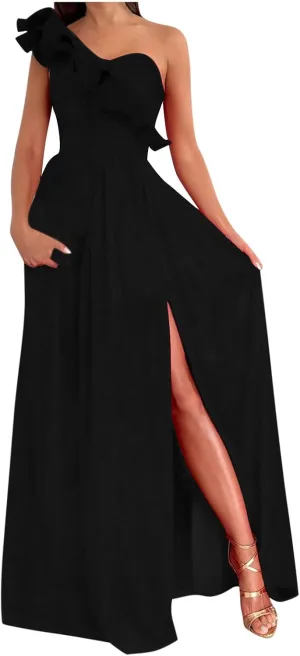 NaRHbrg Women One Shoulder Maxi Dress Elegant Ruffle Formal Evening Dress High Slit Long Party Gown Sleeveless Summer Dresses