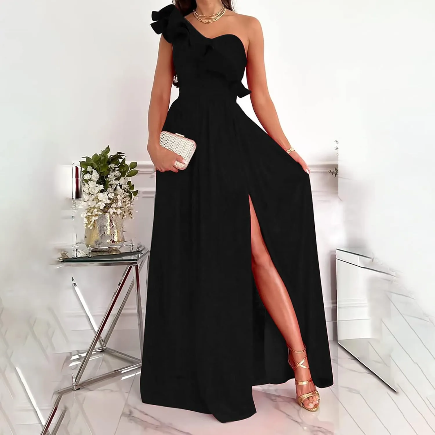 NaRHbrg Women One Shoulder Maxi Dress Elegant Ruffle Formal Evening Dress High Slit Long Party Gown Sleeveless Summer Dresses